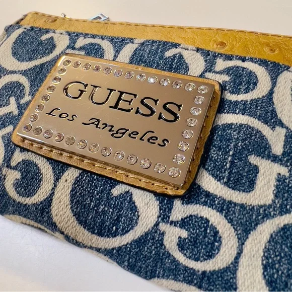 Guess Denim Blue Zipper Closure faux ostrich leather trim Keychain Coins Wallet - Picture 3 of 10